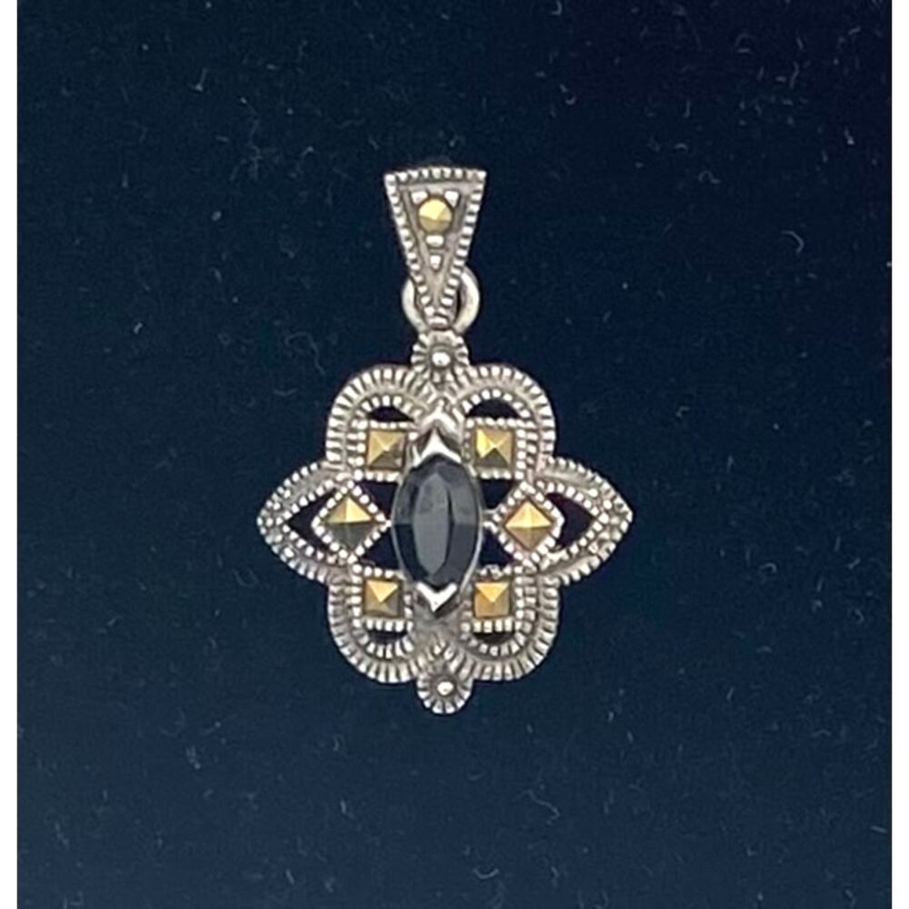 Vintage Sterling Silver Black Onyx Floral Pendant with Marcasite Accents
